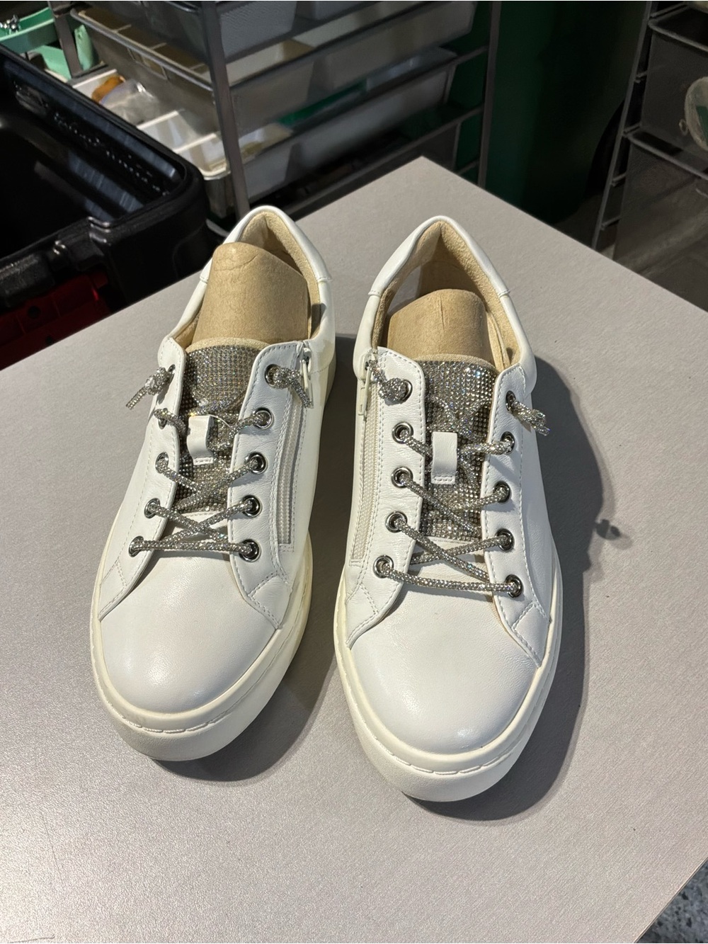 Vaneli White Leather Sneakers with Silver Sparkle Details